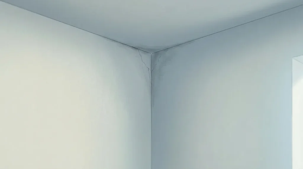 방 모서리 벽과 천장에 회색 곰팡이 자국과 균열이 보이는 이미지